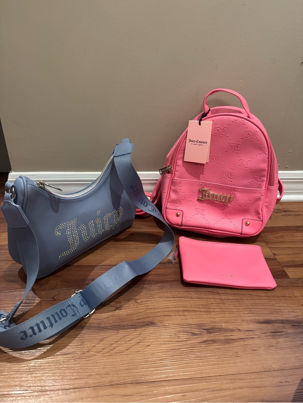 Juicy Couture Pink Mini Backpack & blue purse- Signature Embossed Logo